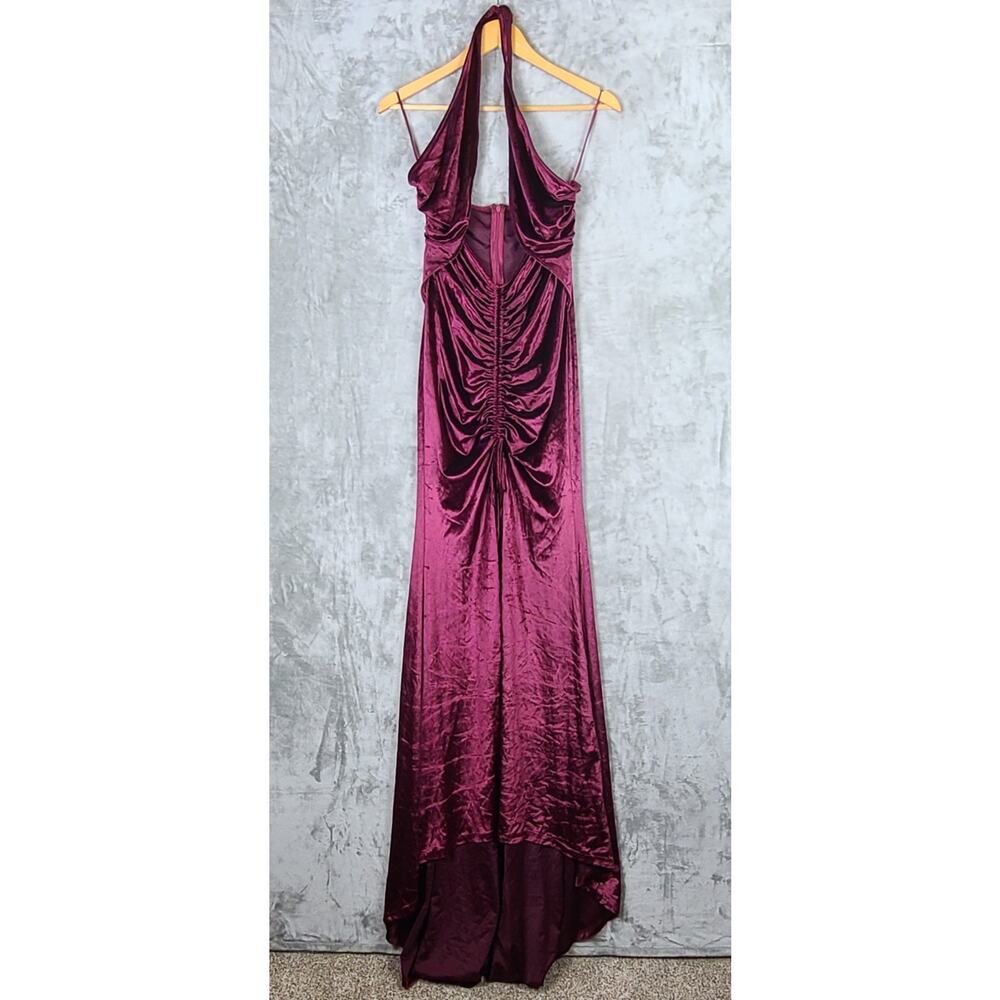 Banjul Velvet Maxi Dress Gown Plunge Halter Neck Frontal Split Magenta Size S